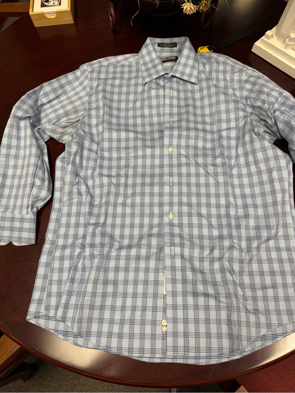 Kirkland Signature Blue and White Plaid Dress Shirt